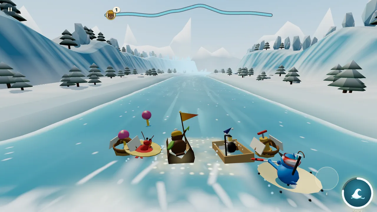 A beaver in a hollow log racing a pack of found-object boats down a snowy river